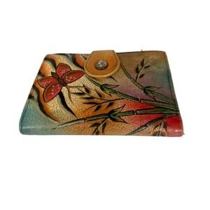 ANUSCHKA Handpainted Leather Wallet Butterfly Bamboo Floral Zipper Snap Boho